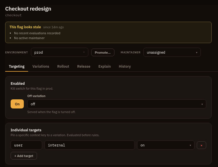 Flag detail screen showing the targeting tab, stale flag notice, enabled state, and an individual target rule.