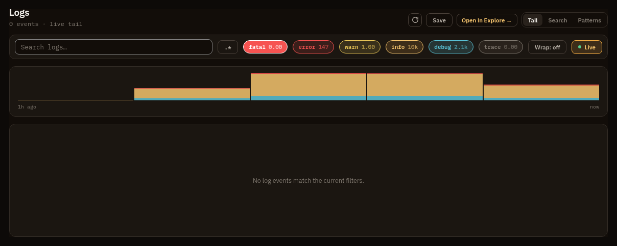 Logs screen showing severity filters, live tail controls, log rows, and repeated message patterns.